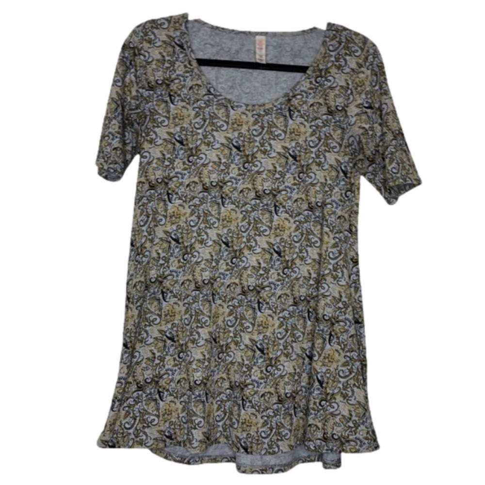 𝅺lularoe Perfect T Yellow, Black & Gray Scoop Neck Short Sleeve Top - Size XXS